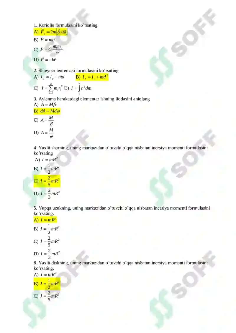 TEST SAVOLLAR fizika 7