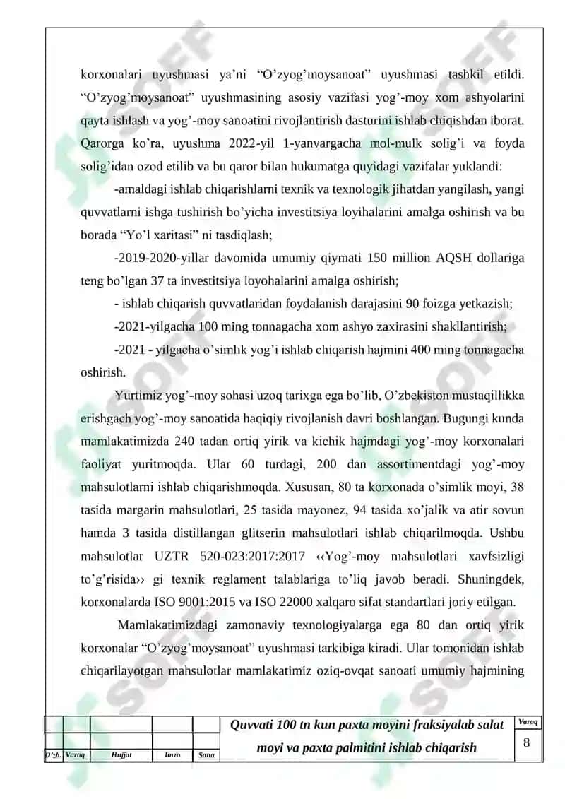 Quvvati 100 tn kun paxta moyini fraksiyalab salat moyi va paxta palmitini ishlab chiqarish texnologiyasi 8
