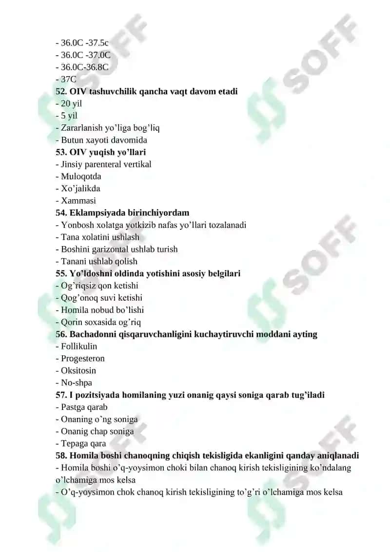 AKUSHERLIK ISHI MUTAXASSISLIGI BO’YICHA SHAKLLANTIRILGAN TEST SAVOLLARI RO’YXATI 8