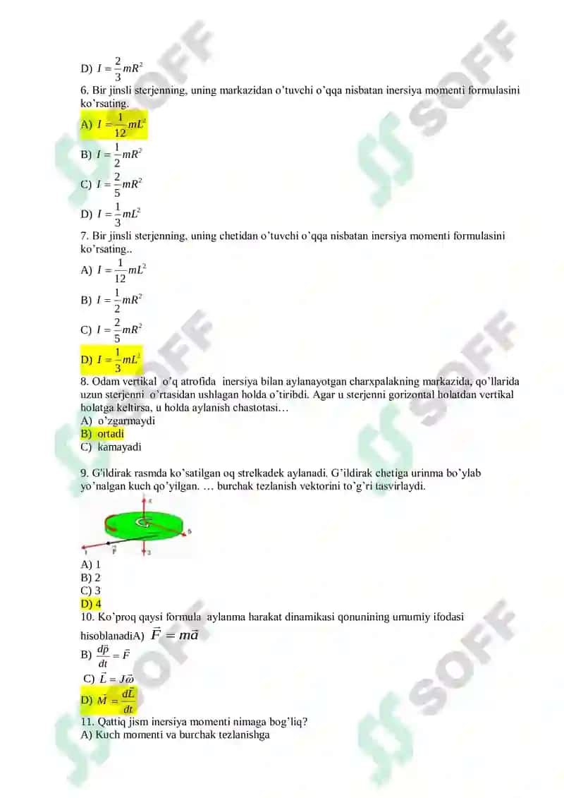 TEST SAVOLLAR fizika 8