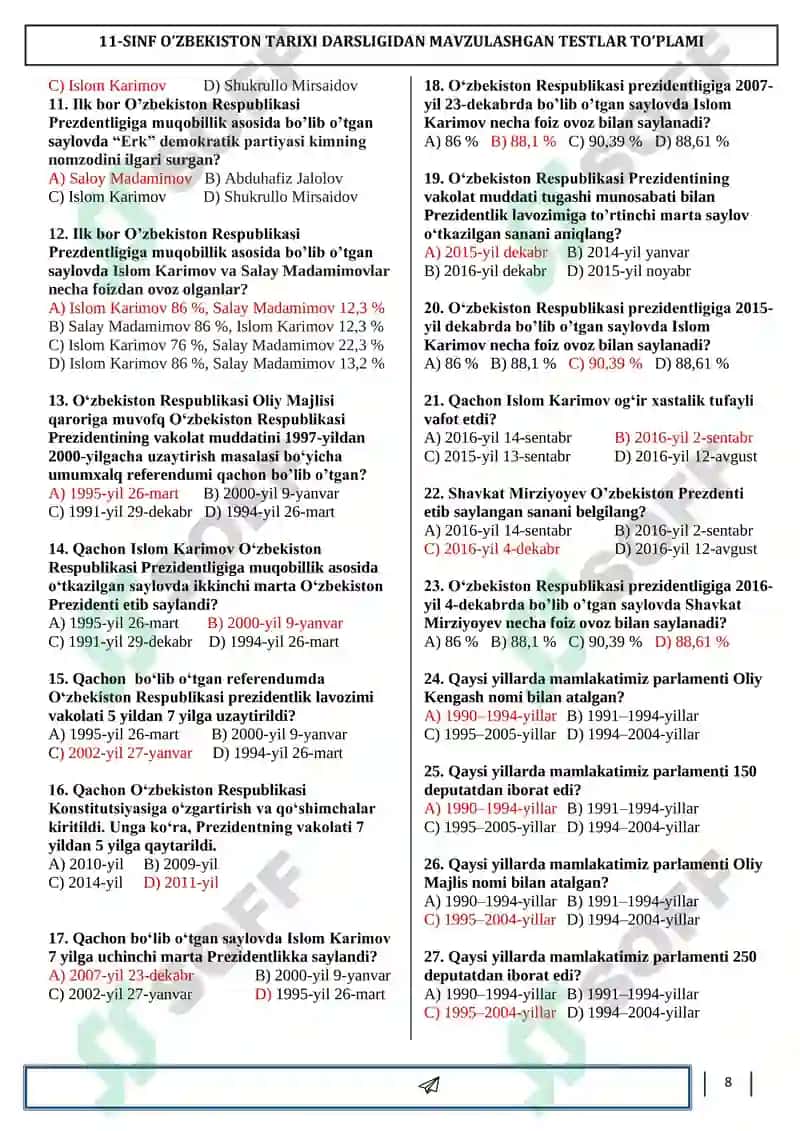 O‘zbekiston tarixi 11-sinf mavzulashtirilgan testlar to‘plami 8