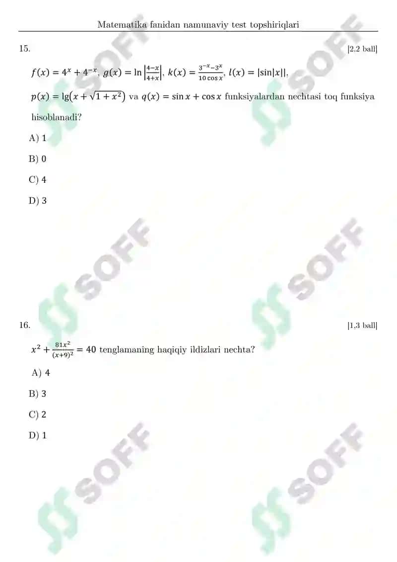 DTM testlari va javoblari matematika fanidan 8