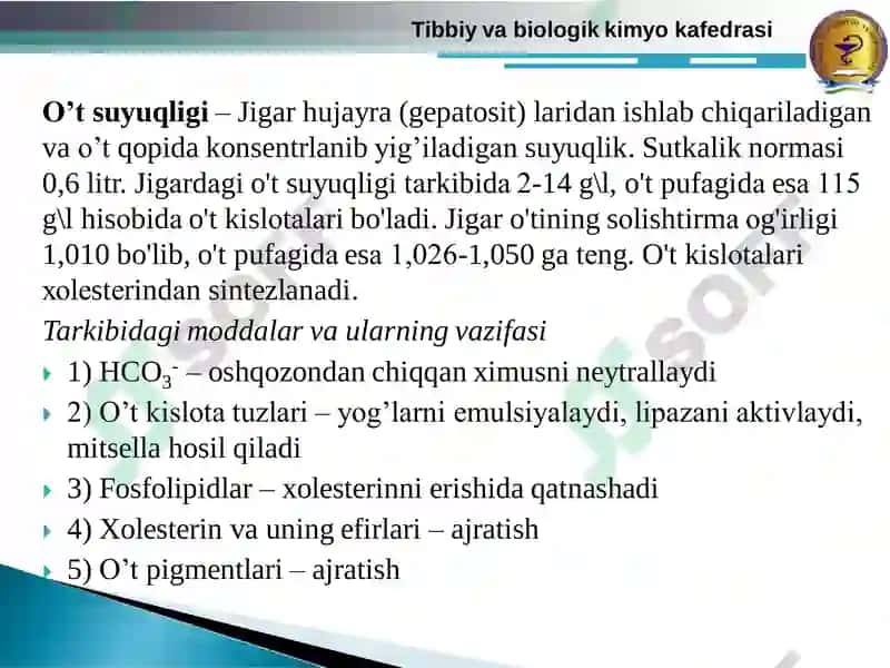 So’lak, OIT, MOB va jigarning sekretor mаhsulоtlаri va ulardagi metabolitik va bоshqаruv jarayonlari 8