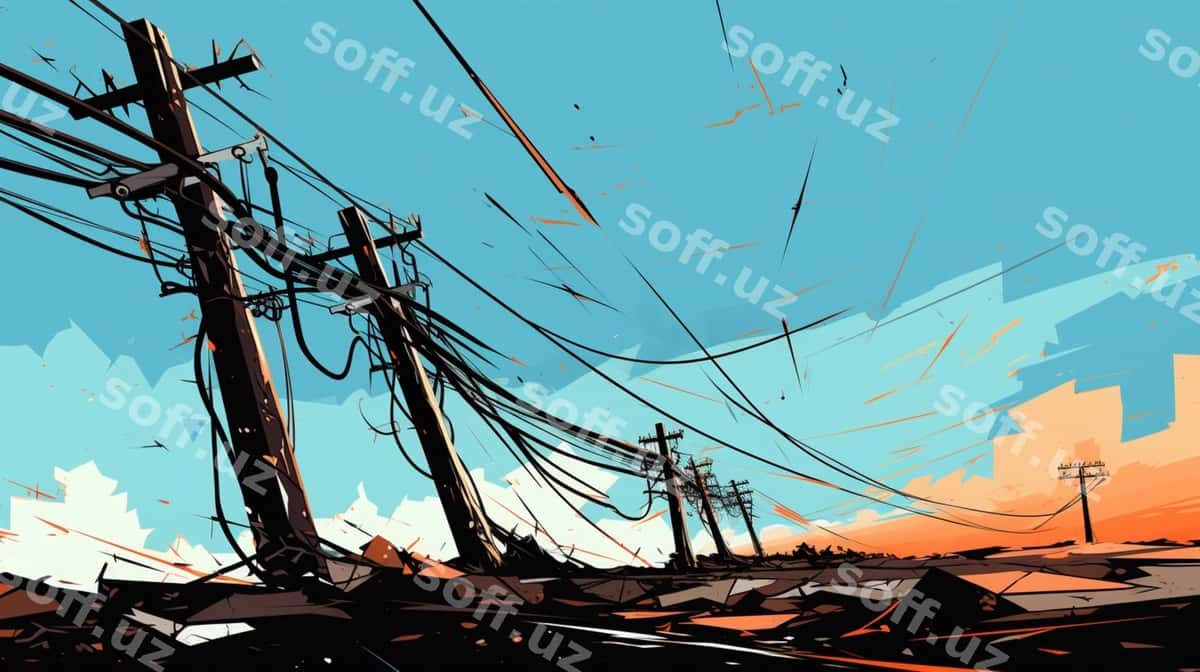Quyosh botishi, elektirlarning chiziqlari, ko'k osmon rasmi | Painting sunset with power lines blue sky 1
