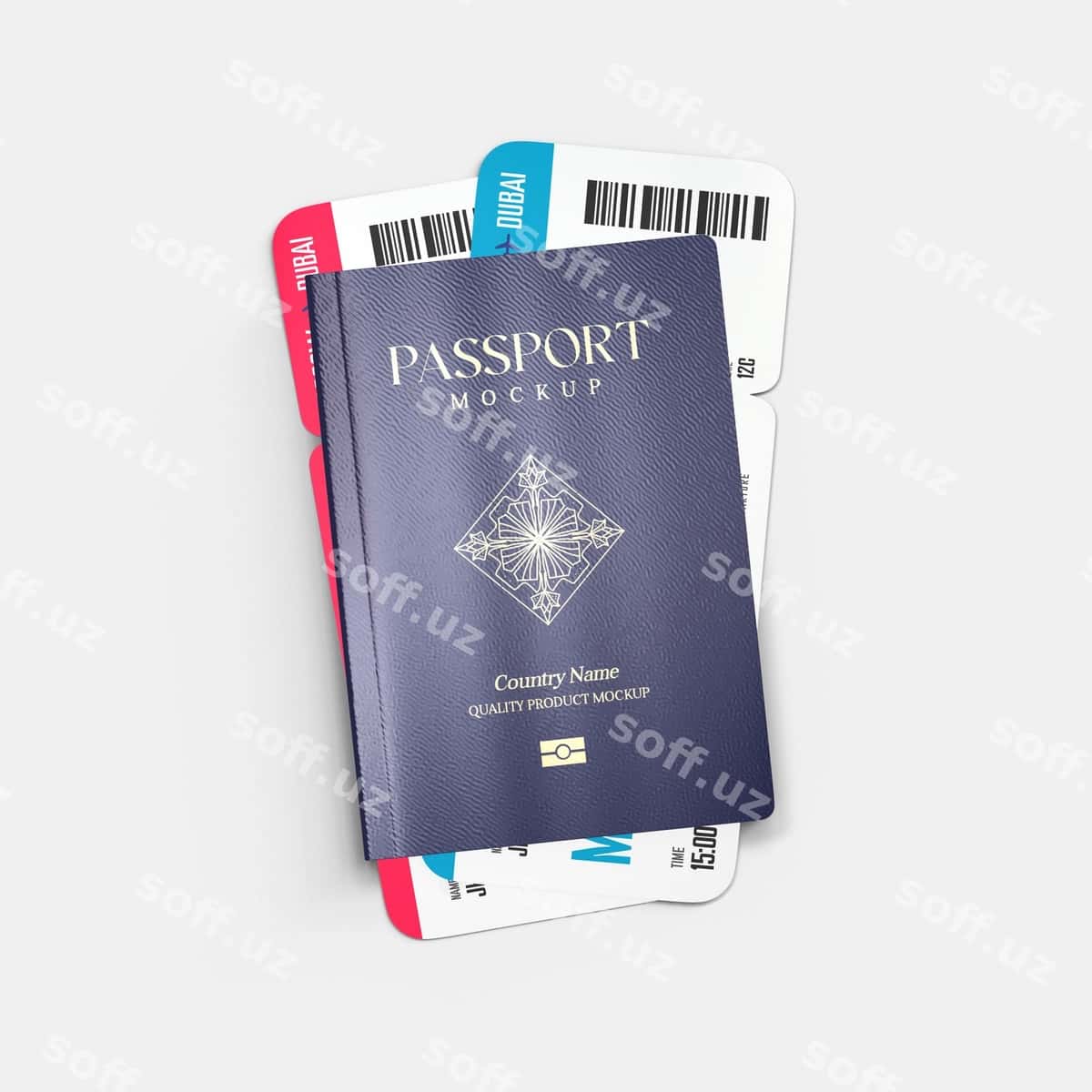Pasport namunasi o'tish chiptasi bilan | Passport mockup with boarding ticket 1