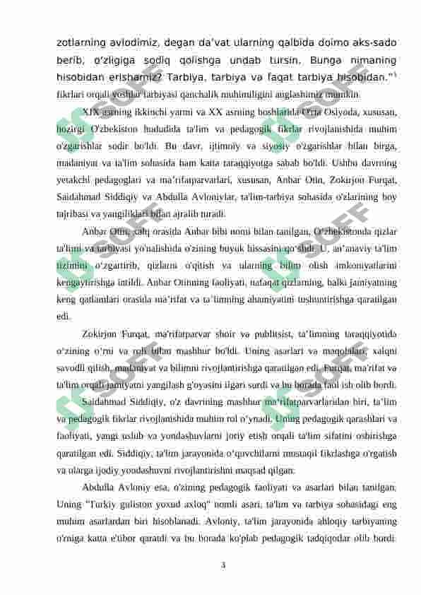XIX asrning ikkinchi yarmi va XX asr boshlarida ta'lim va pedagogik fikrlar (Anbar otin, Furqat, Saidahmad Siddiqiy, Abdulla Avloniylarning ta'lim-tarbiya taraqqiyotida tutgan o'rni) 3