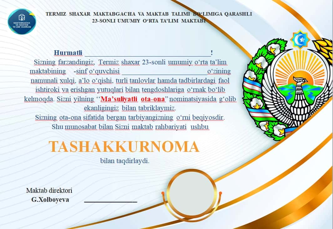Tashakkurnoma taqvim bo'yicha hamma bayram tadbirga yozilgan 1
