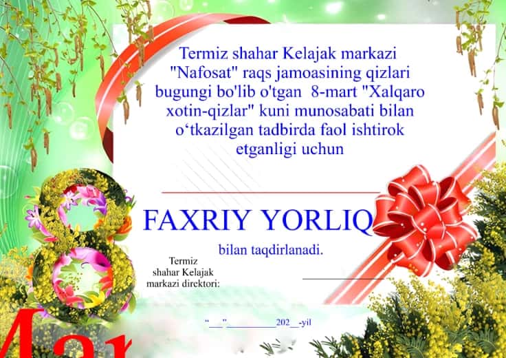 8-mart Faxriy yorliq, sertifikat 1