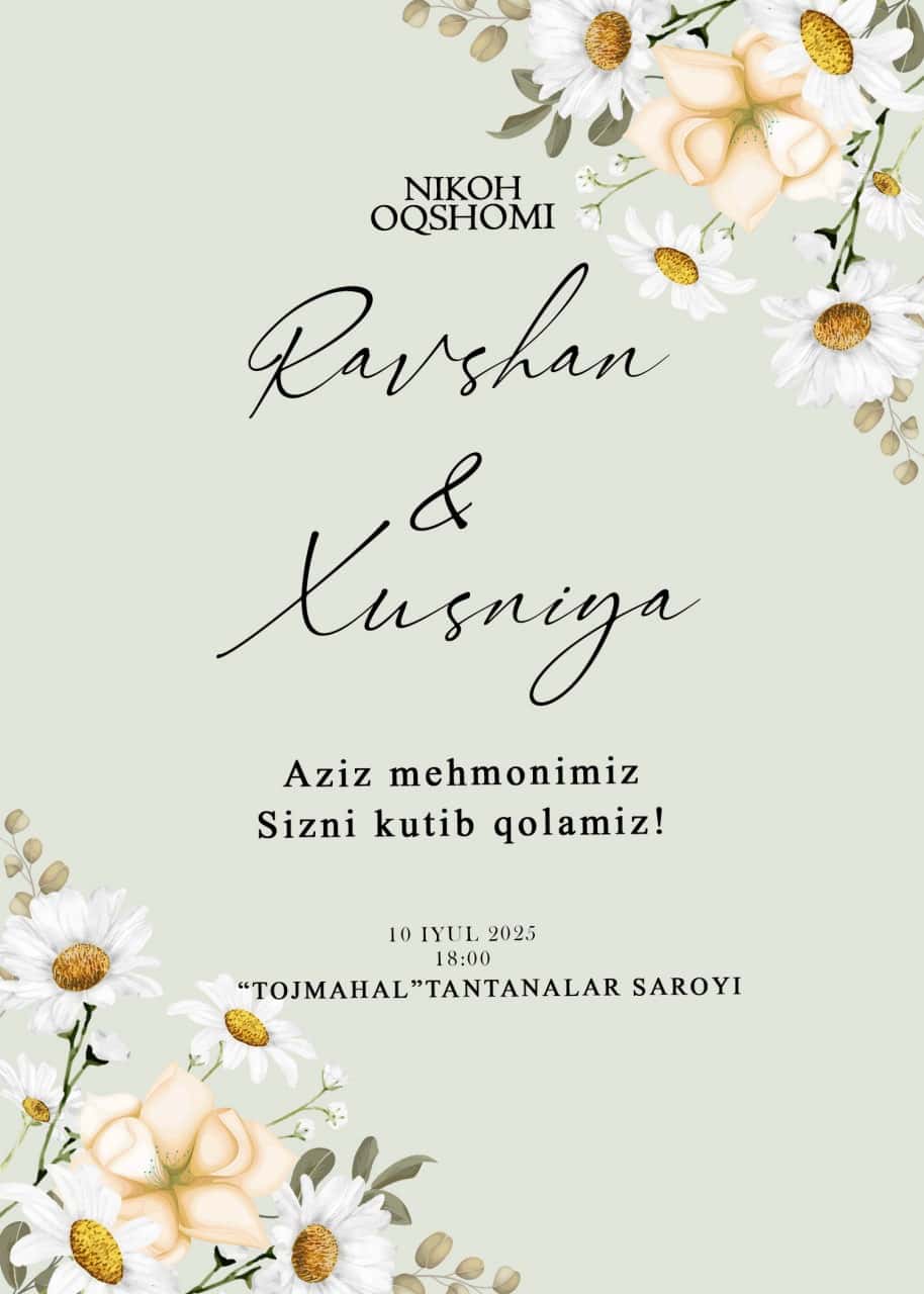 🌿 Nikoh Taklifnomasi — "Ravshan & Xusniya" PSD Shablon 1