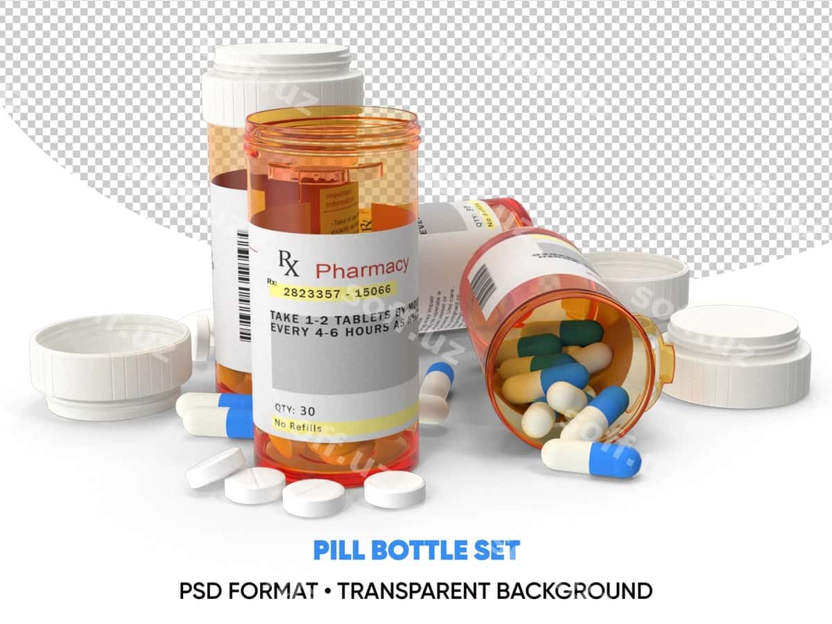 Tabletlar flakoni komplekt shaffof fonda | Pill bottle set transparent background 1