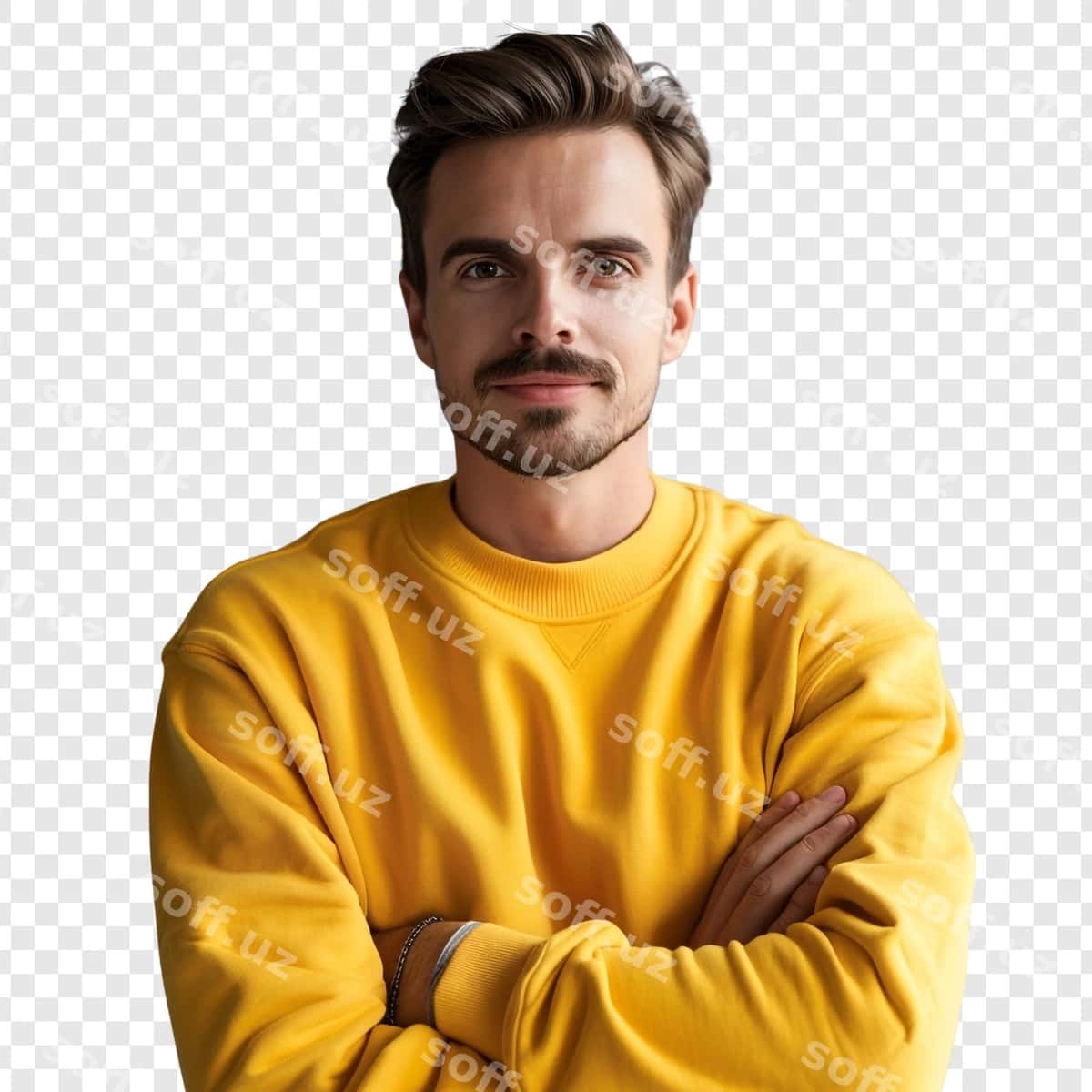 Portret o'z minnat erkak sariq sviter | Portrait confident man yellow sweatshirt 1