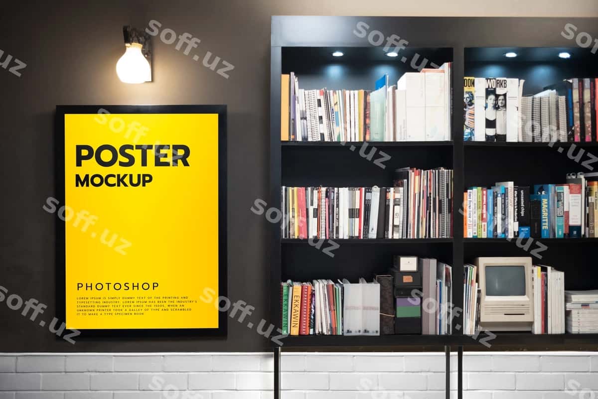 Poster ramka kutubxona xona namunasi | Poster frame library room mockup 1