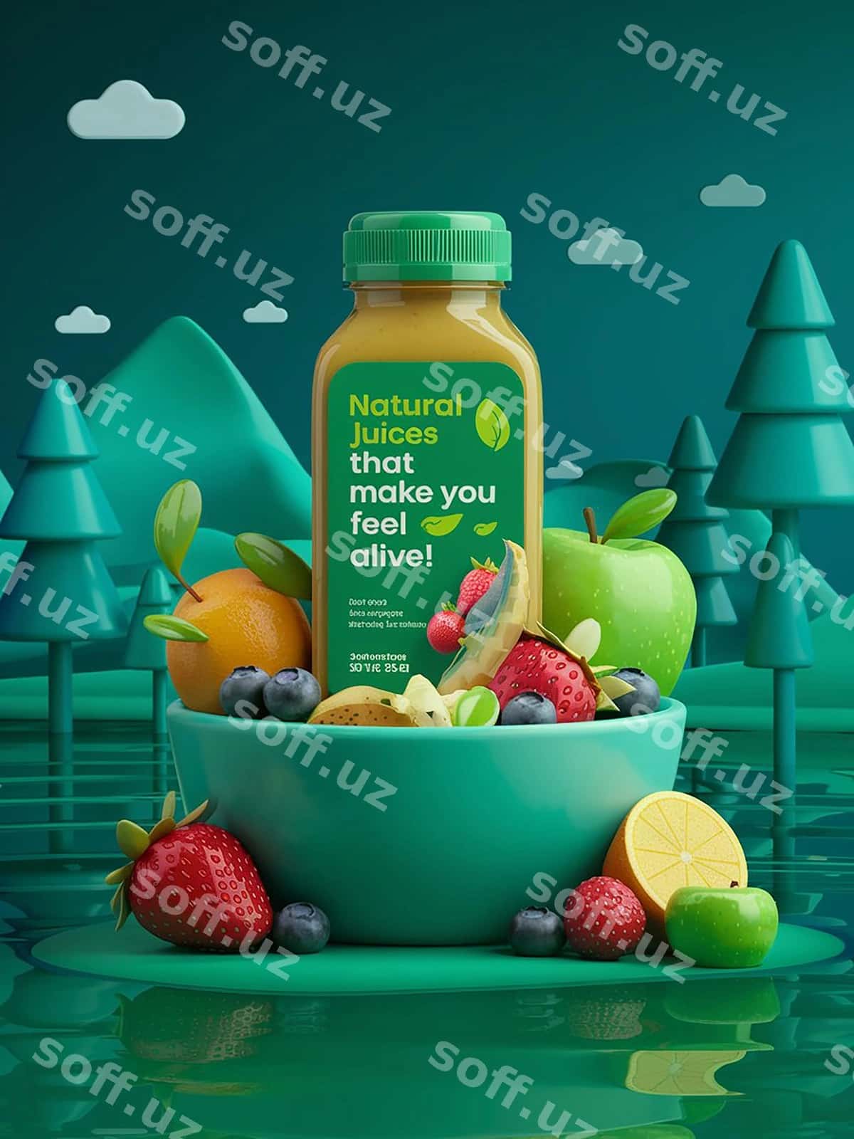 Tabiiy meva sharbati uchun yashil shisha plakat | Poster green bottle natural fruit juice 1
