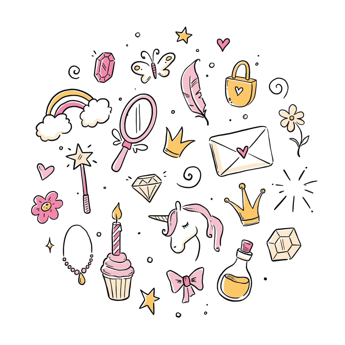 Qo'lda chizilgan malika doodle to'plami go'zallik yoqimli qiz malika aksessuarlari | Hand drawn princess doodle set beauty cute girl princess accessories 1