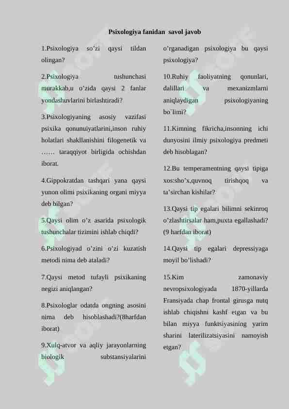 Psixologiya fanidan  savol javob