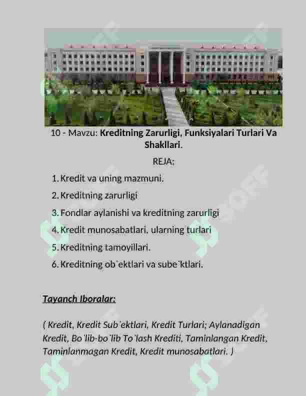 Kreditning Zarurligi, Funksiyalari Turlari Va Shakllari. 2