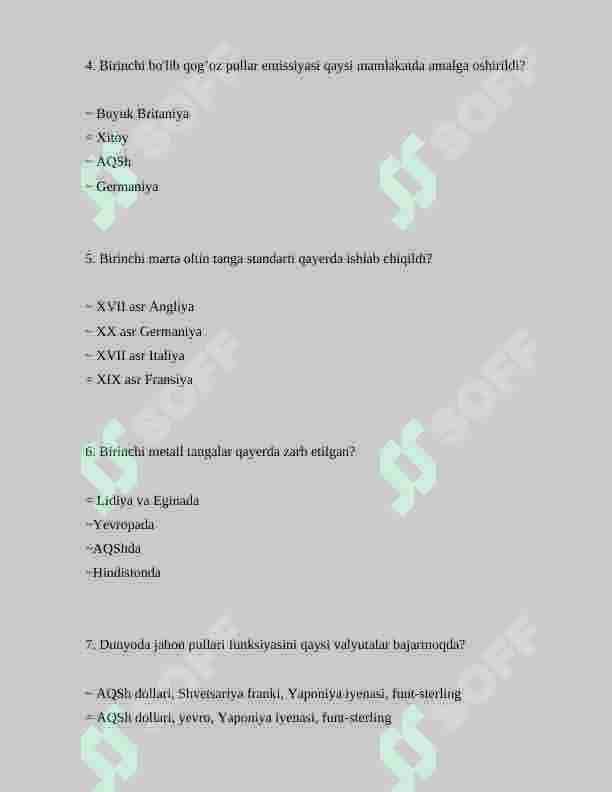 pul va banklar fanidan 100 talik test javoblari bilan 2