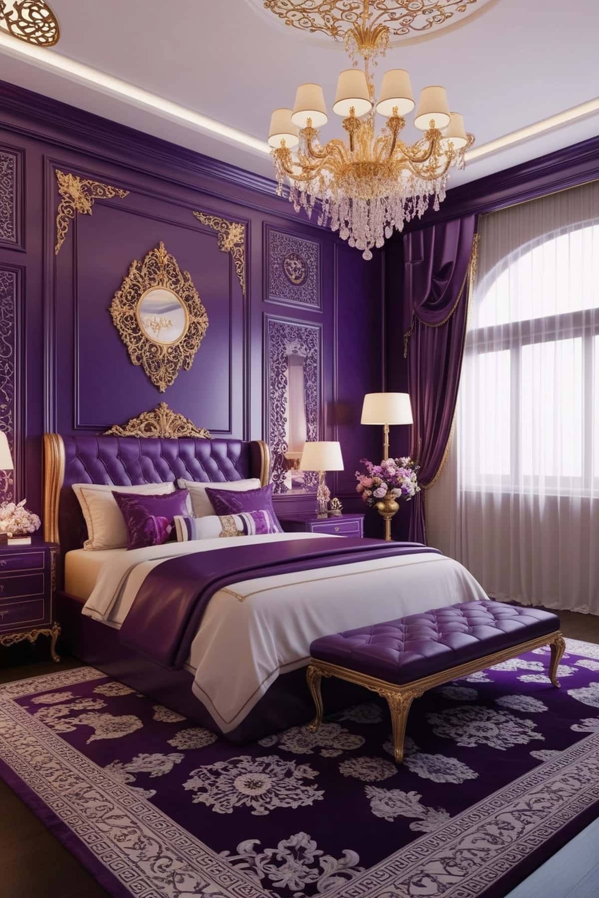 Qandilli qandilli binafsha yotoq xonasi | Purple bedroom with chandelier chandelier 1