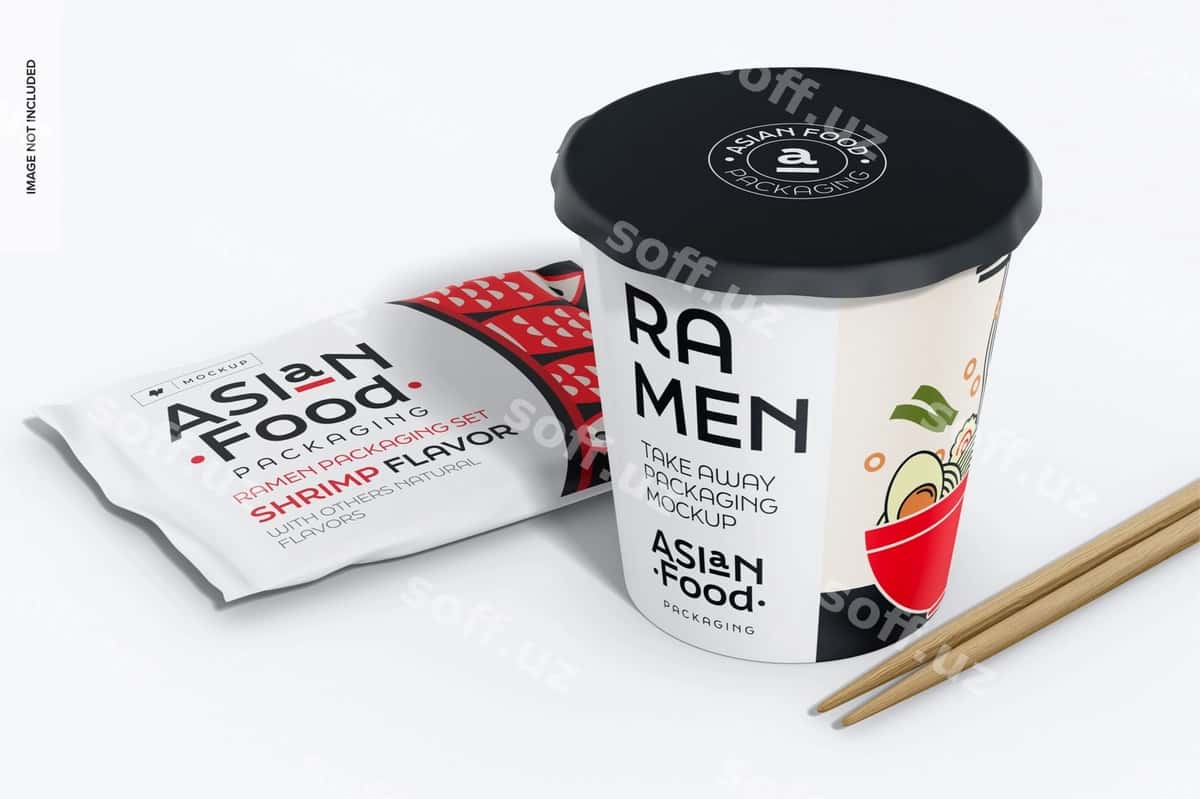 Ramen qadoqlash to'plami maket istiqboli | Ramen packaging set mockup perspective 1