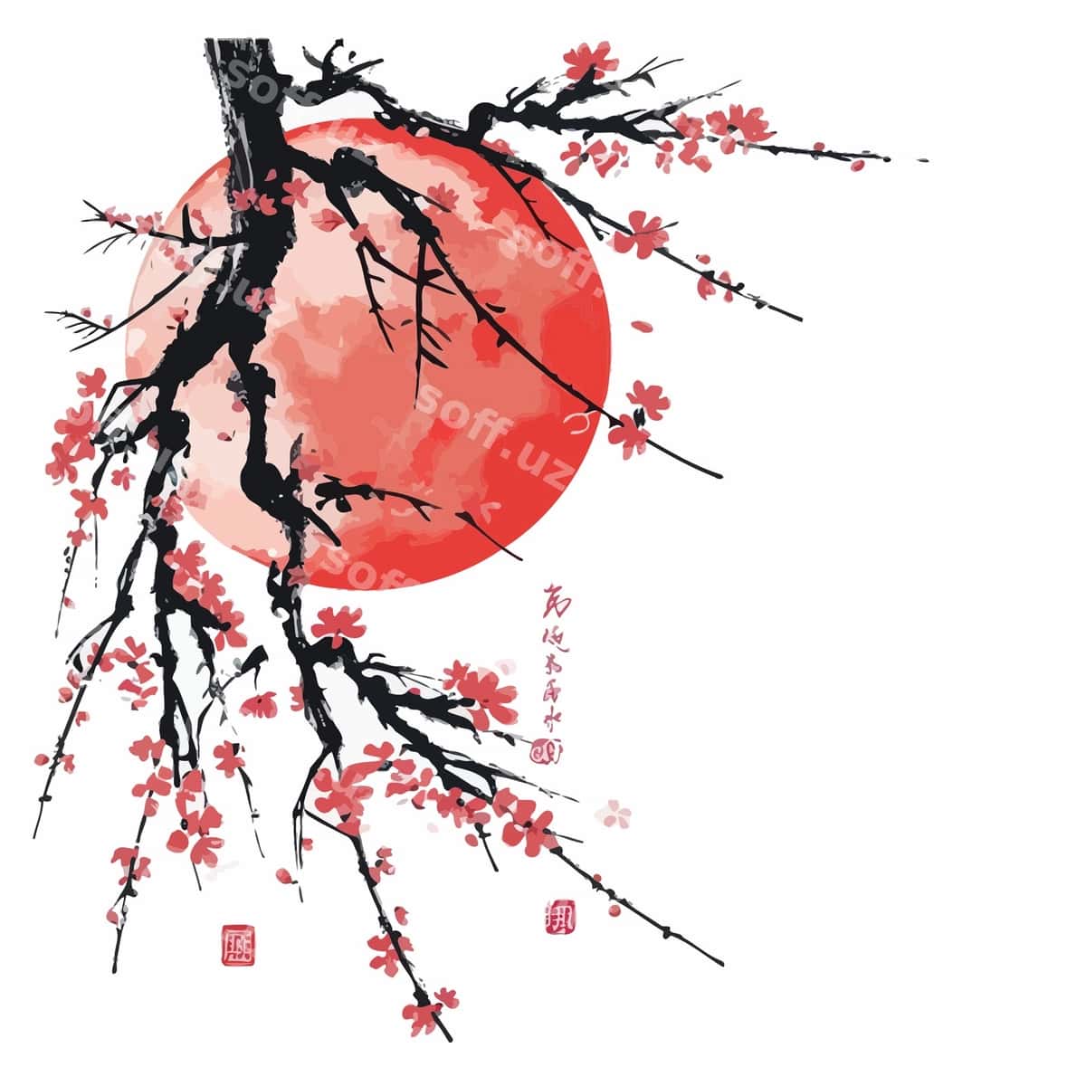 Sakura daraxti tasvirlangan qizil oy (Osiyo) | Red moon with sakura tree asia 1