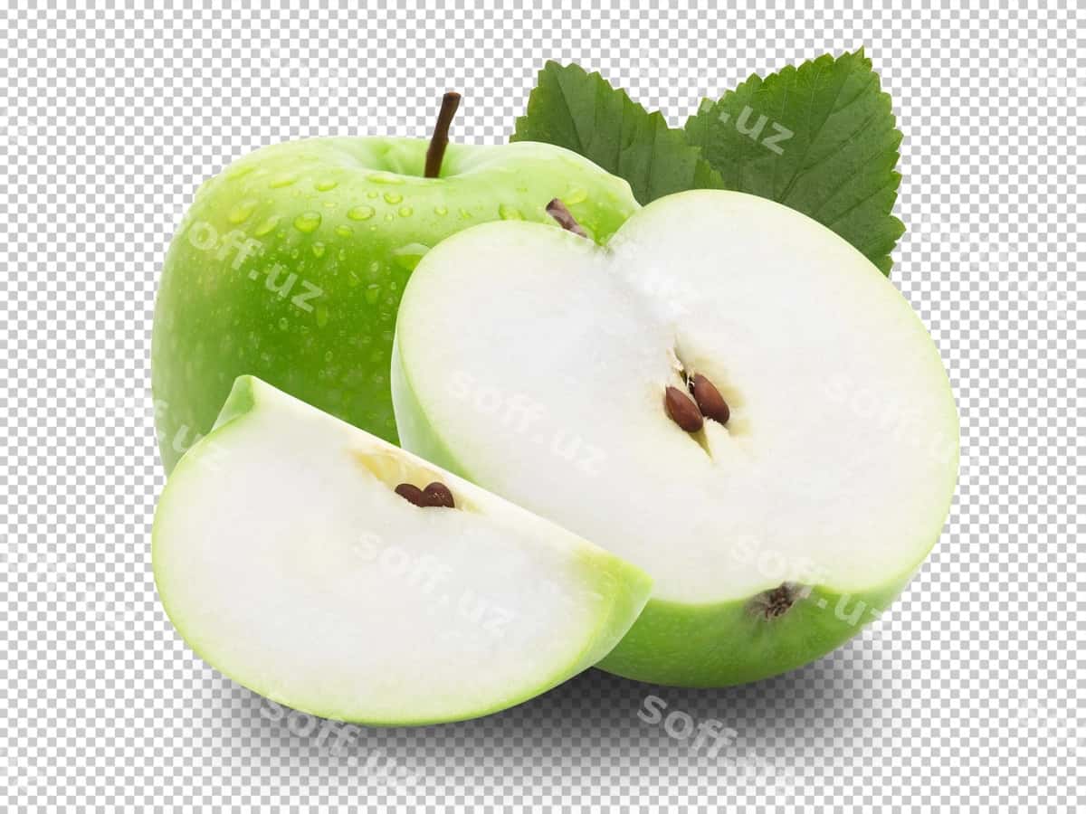 O'zgargan butun yashil olma yarımkichik barg bilan | Ripe whole green apple with half leaf 1