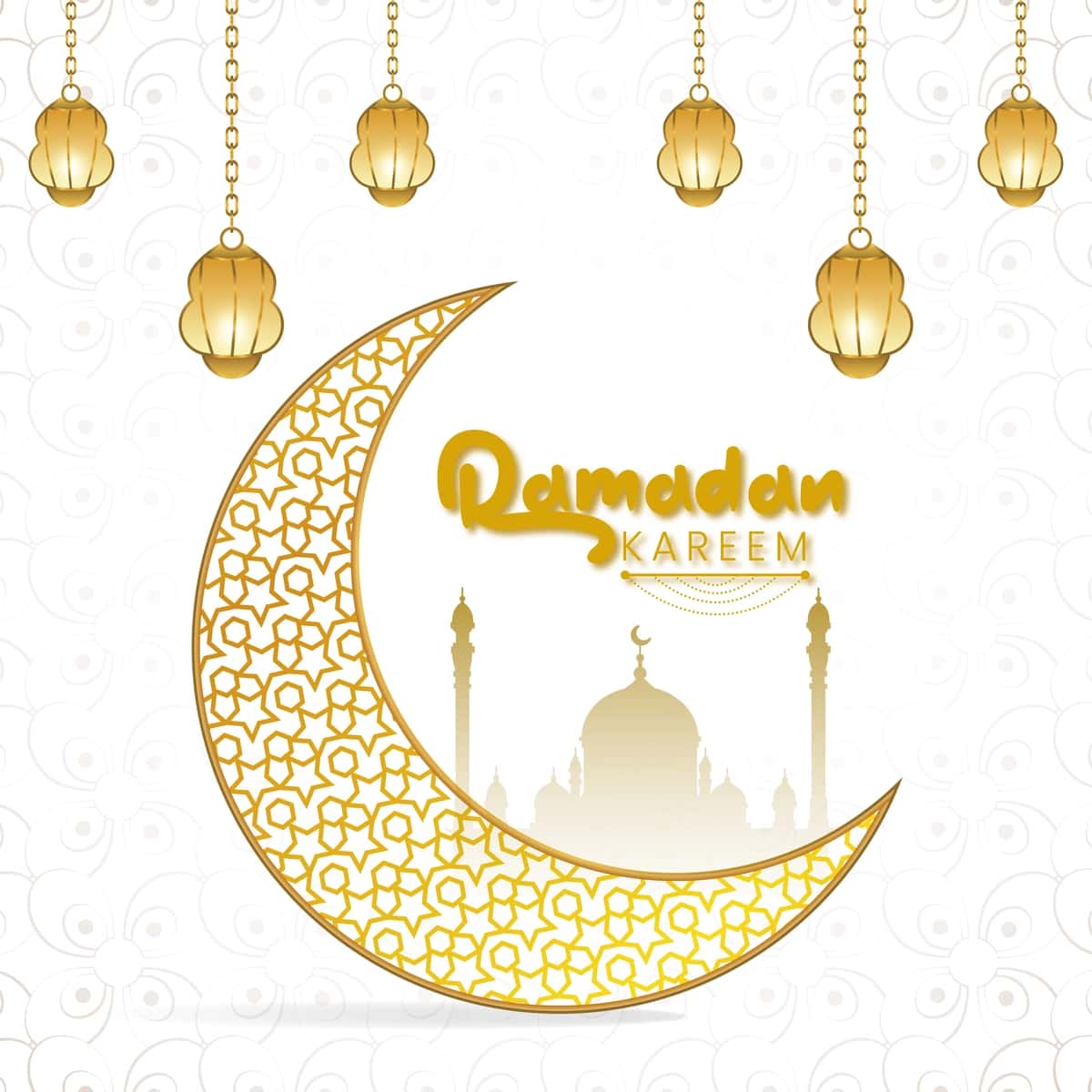 Oq fonda oy yulduzli lampalar bilan Ramazon karim tilaklari | Ramadan kareem wishing design with moon star lamps white background 1