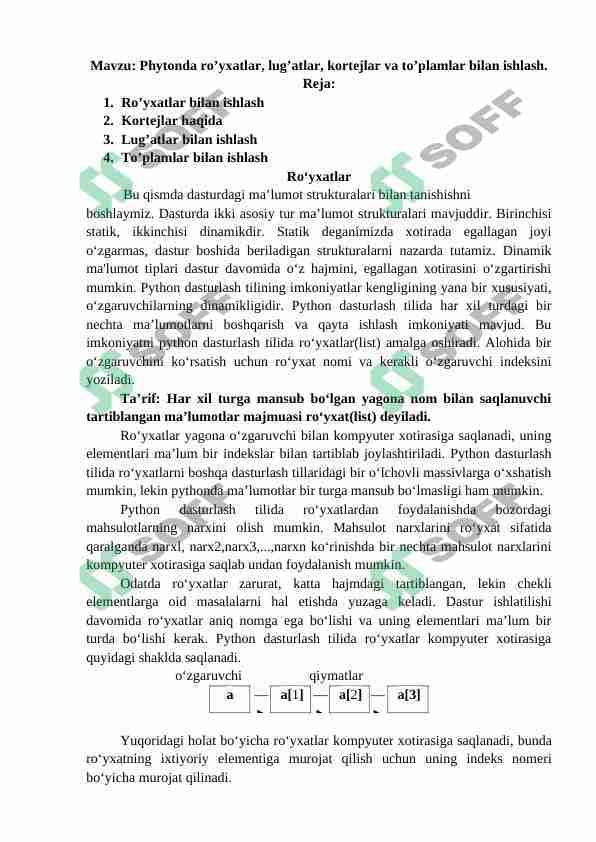 phytonda ro'yxat, kortej, lug'at to'plamlar bilan ishlash 1