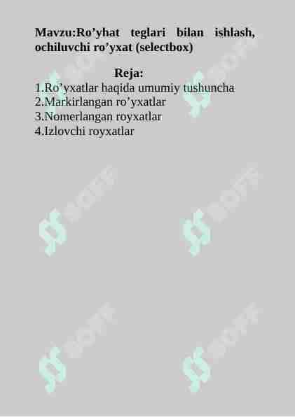 Ro’yhat teglari bilan ishlash, ochiluvchi ro’yxat (selectbox) 1