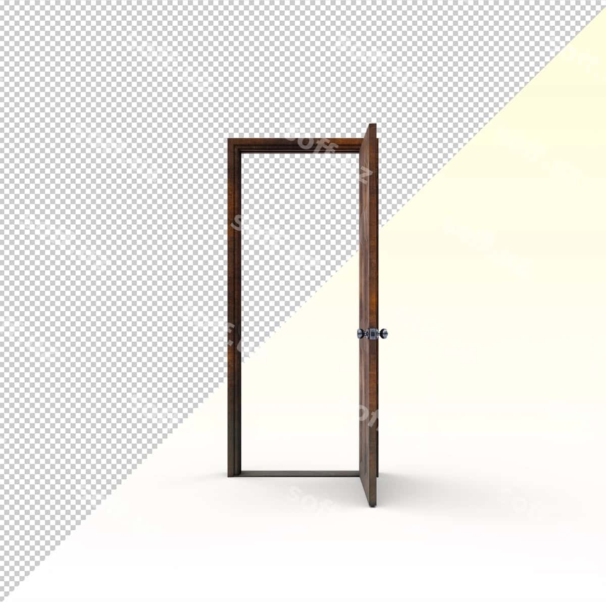 Qorqin yunali ochiq eshik ajraltirilgan | Rusty wooden open door isolated 1