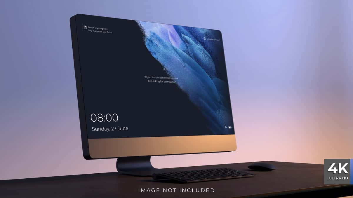 Sichqoncha klaviaturasi bilan ish stoli ekrani maketi 3D render | Desktop screen mockup with mouse keyboard 3d render 1