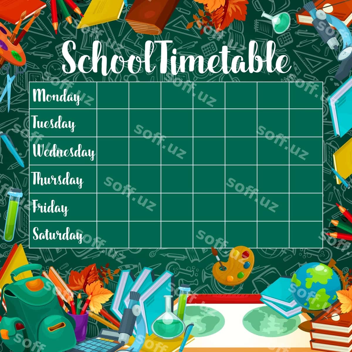 Maktab vektor jadvali yashil chalka doskasi | School vector timetable green chalkboard 1