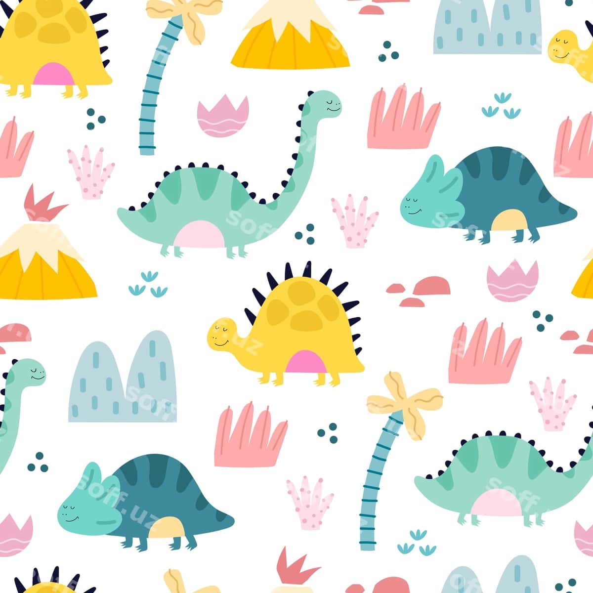 Multfilm dinozavrlari bilan choksiz naqsh | Seamless pattern with cartoon dinosaurs 1