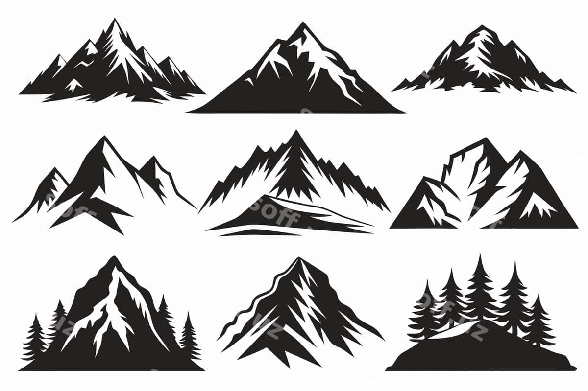 Qora va oq orqa fonda cho'lkalarni joylang | Set mountains with black white background 1