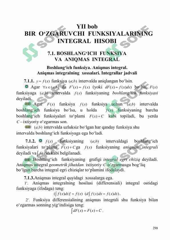 Boshlang‘ich funksiya. Aniqmas integral. Aniqmas intеgralning xossalari. Integrallar jadvali