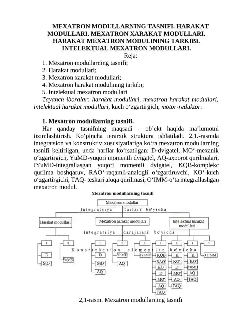 MEXATRON MODULLARNING TASNIFI. HARAKAT MODULLARI. MEXATRON XARAKAT MODULLARI. HARAKAT MEXATRON MODULINING TARKIBI. INTELEKTUAL MEXATRON MODULLARI.