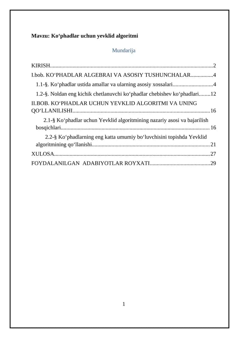 Koʻphadlar uchun yevklid algoritmi 1