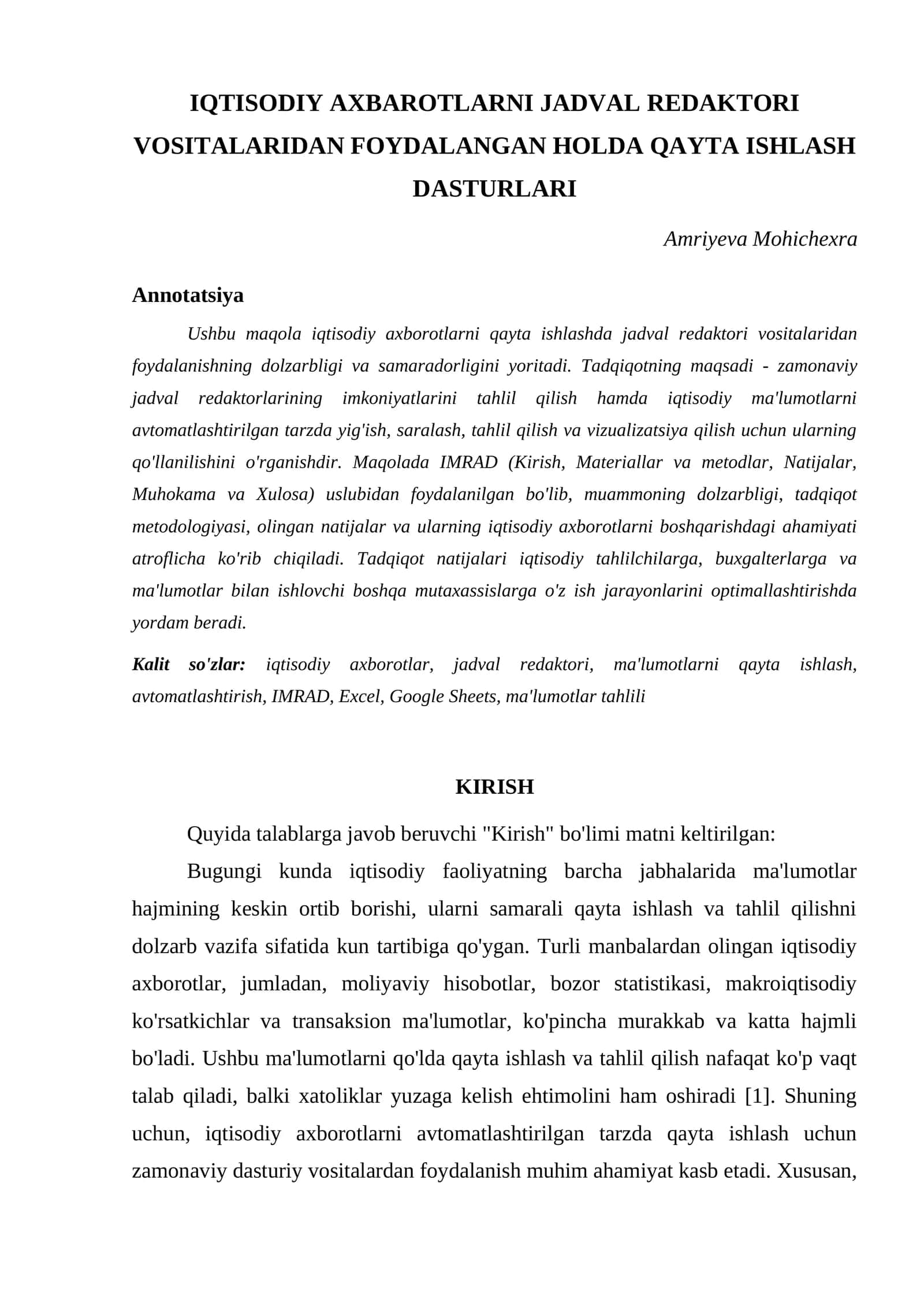 IQTISODIY AXBAROTLARNI JADVAL REDAKTORI VOSITALARIDAN FOYDALANGAN HOLDA QAYTA ISHLASH DASTURLARI 1