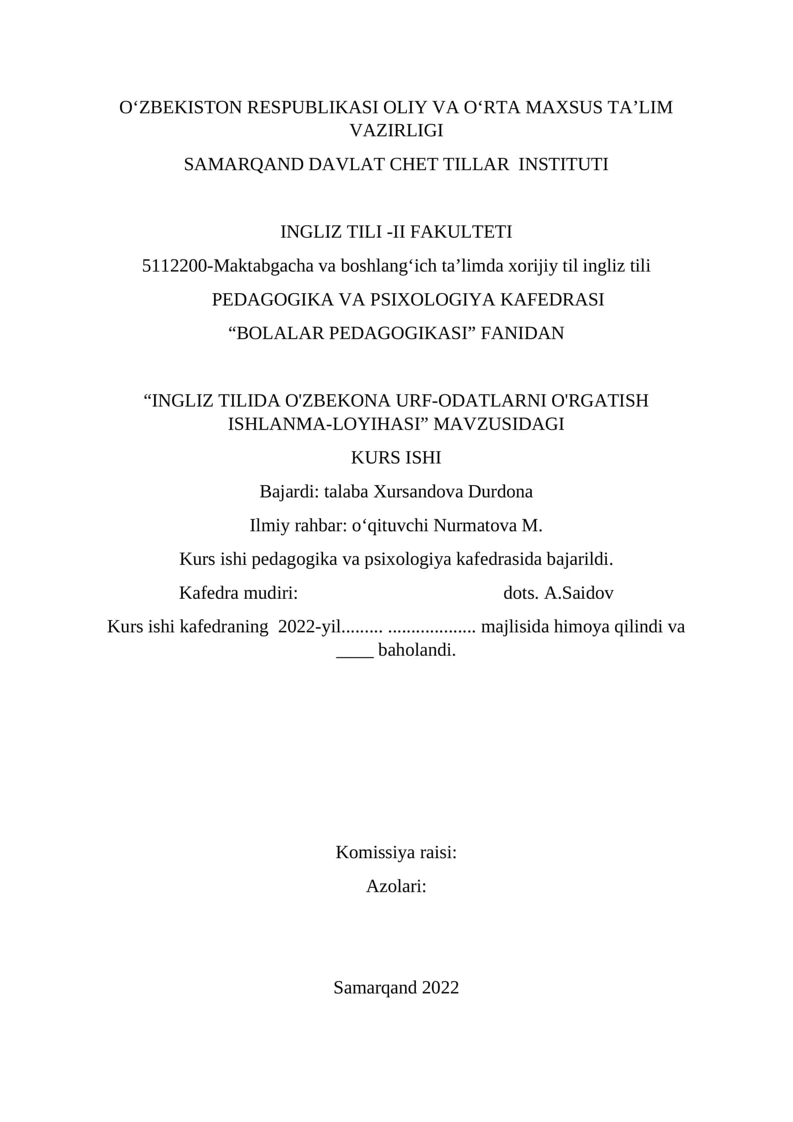 INGLIZ TILIDA O'ZBEKONA URF-ODATLARNI O'RGATISH ISHLANMA-LOYIHASI 1