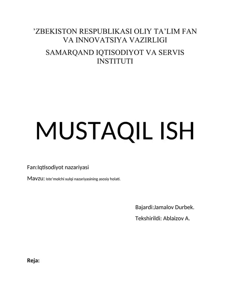 Iste’molchi xulqi nazariyasining asosiy holati 1