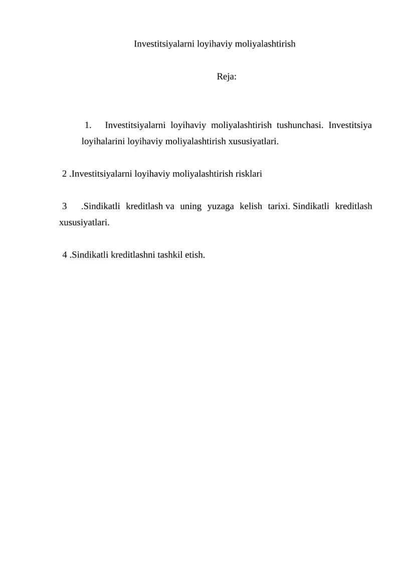 Investitsiyalarni loyihaviy moliyalashtirish 1