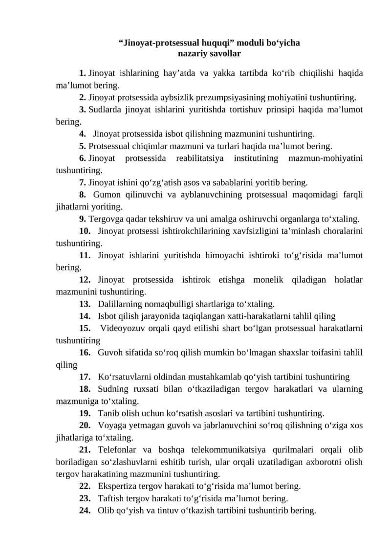Jinoyat-protsessual huquqi moduli boʻyicha nazariy savollar 1