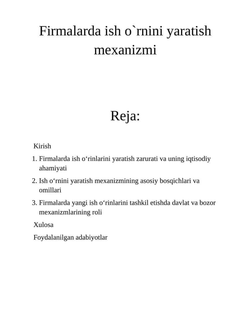 Firmalarda ish o`rnini yaratish mexanizmi 1