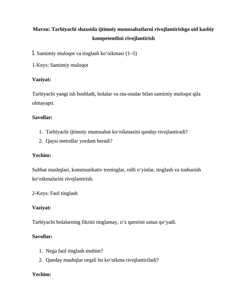 Tarbiyachi shaxsida ijtimoiy munosabatlarni rivojlantirishga oid kasbiy kompetentlini rivojlantirish 1
