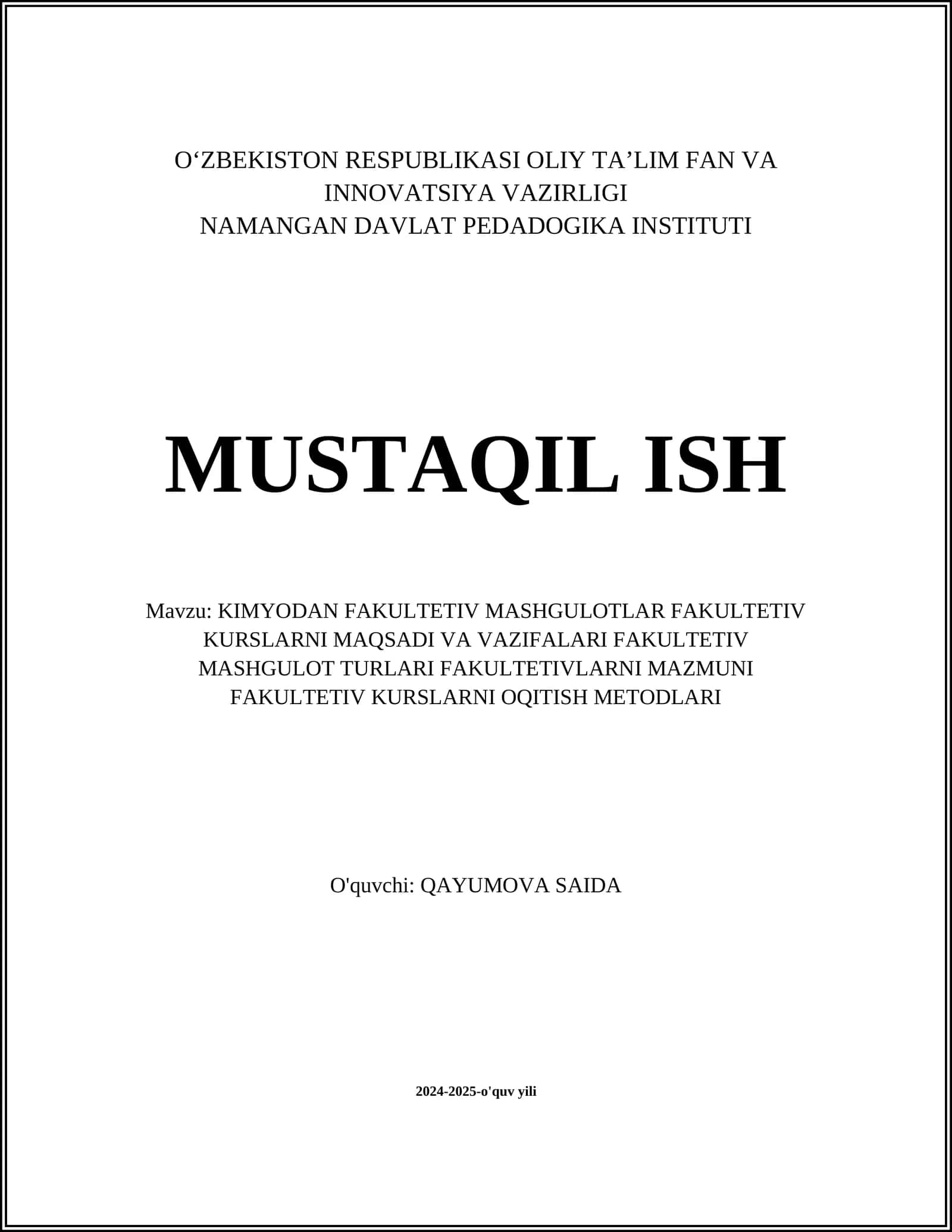 KIMYODAN FAKULTETIV MASHGULOTLAR FAKULTETIV KURSLARNI MAQSADI VA VAZIFALARI FAKULTETIV MASHGULOT TURLARI FAKULTETIVLARNI MAZMUNI FAKULTETIV KURSLARNI OQITISH METODLARI 1