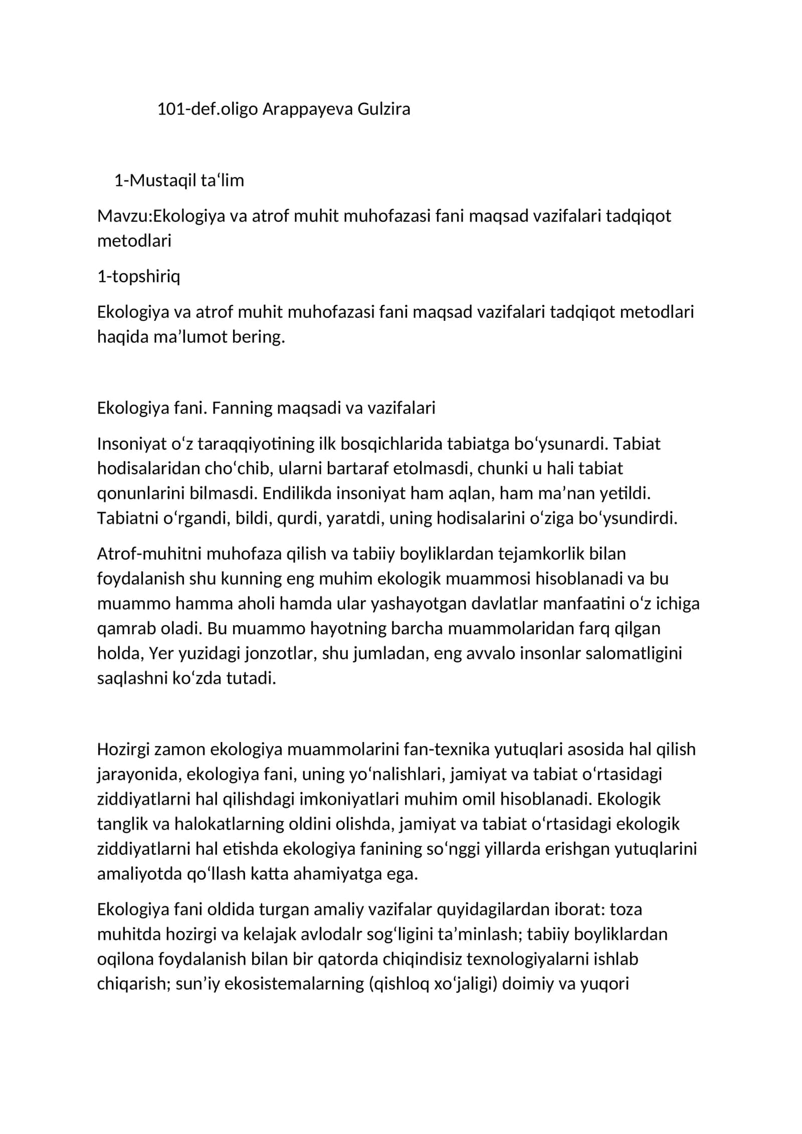 Ekologiya va Atrof Muhit Muhofazasi Fani Maqsad Vazifalari Tadqiqot Metodlari 1
