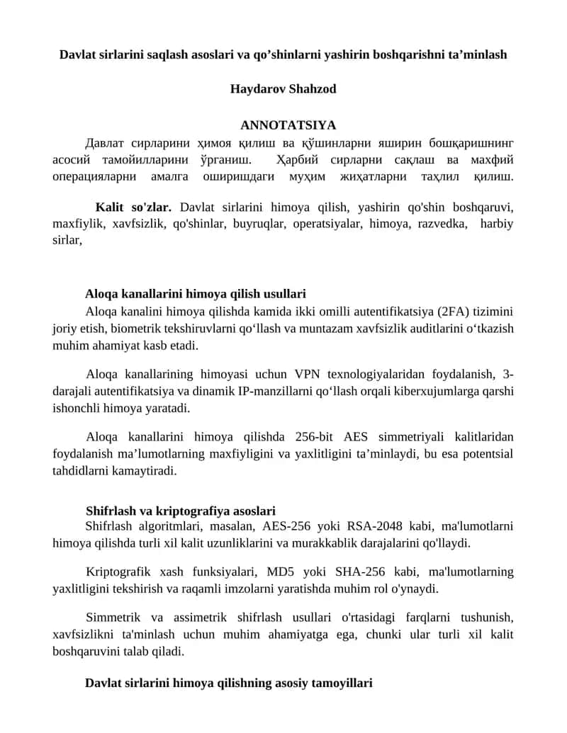 Davlat sirlarini saqlash asoslari va qo’shinlarni yashirin boshqarishni ta’minlash 1