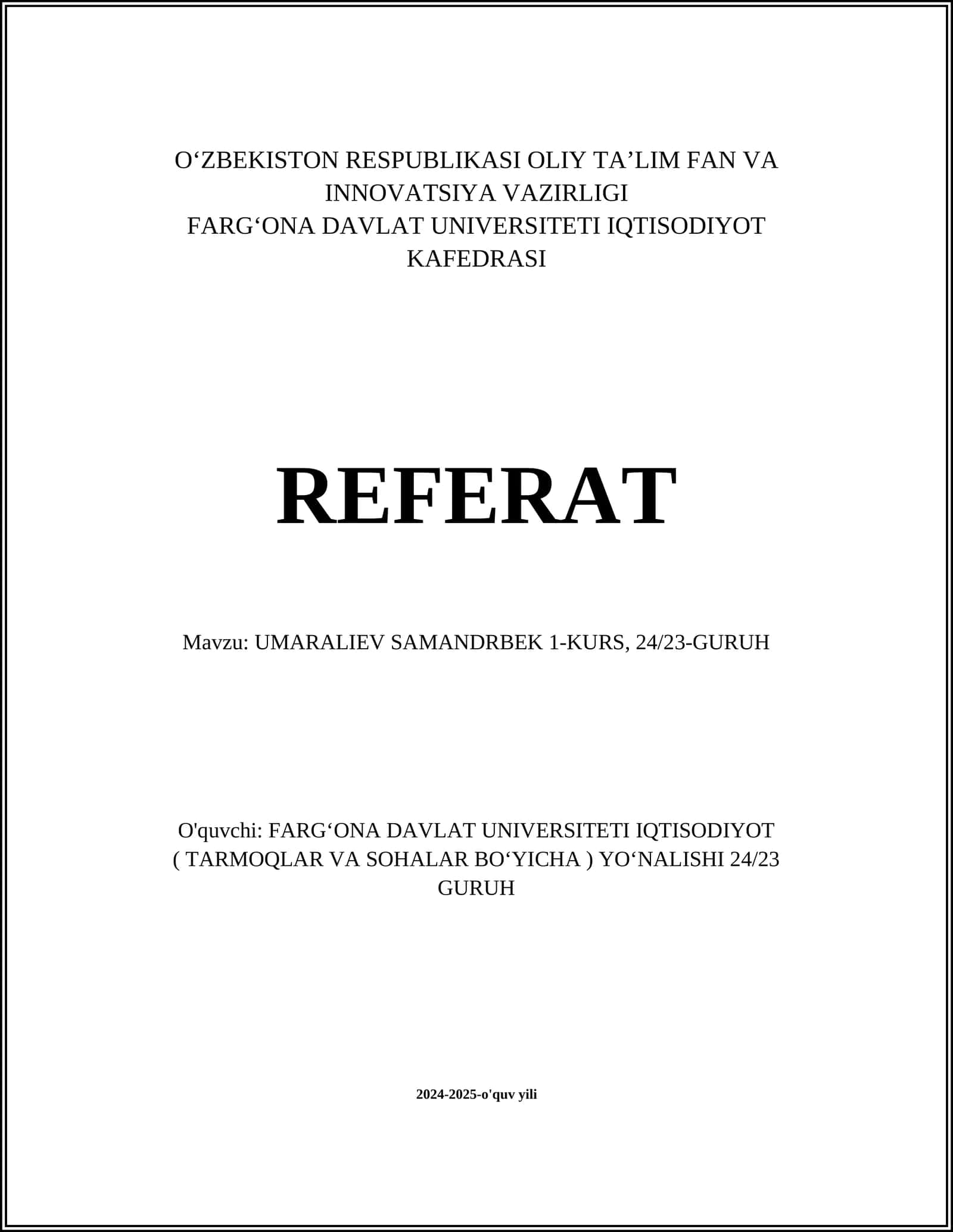 REFERAT UMARALIEV SAMANDRBEK 1-KURS, 24/23-GURUH 1