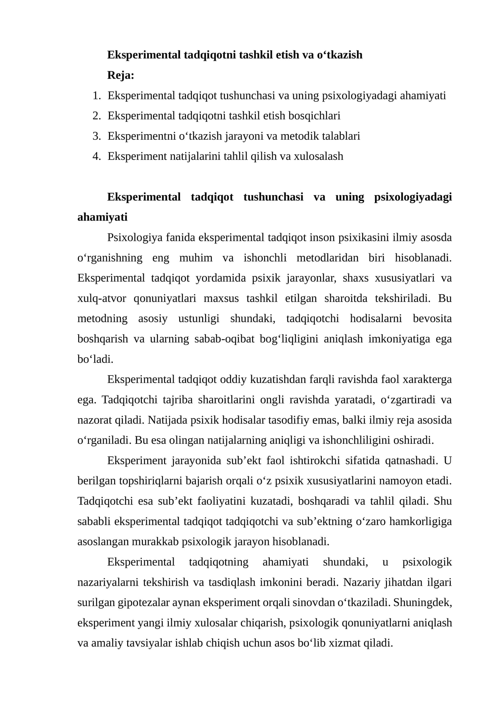 Eksperimental tadqiqotni tashkil etish va o‘tkazish 1