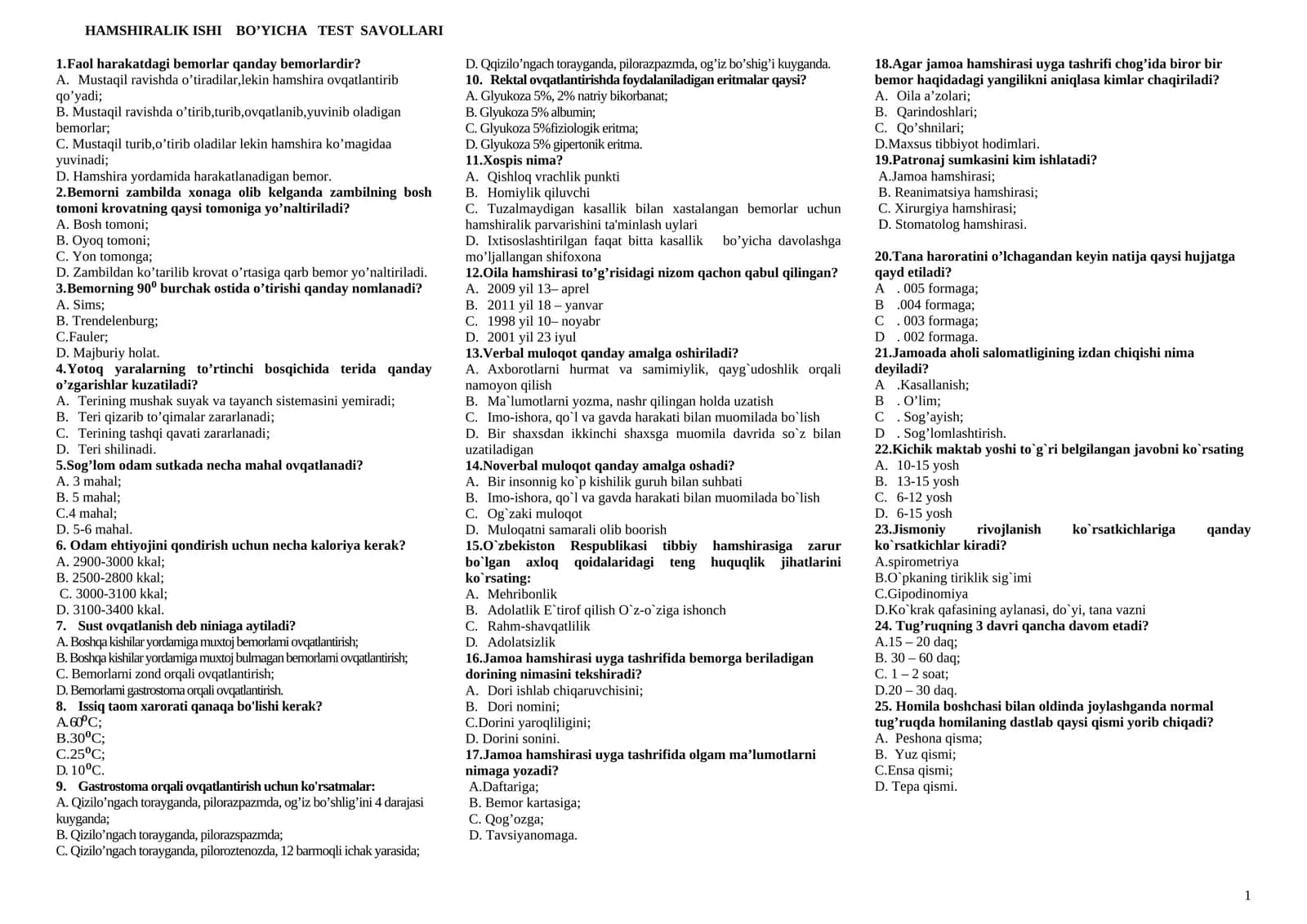 HAMSHIRALIK ISHI BO’YICHA TEST SAVOLLARI 1