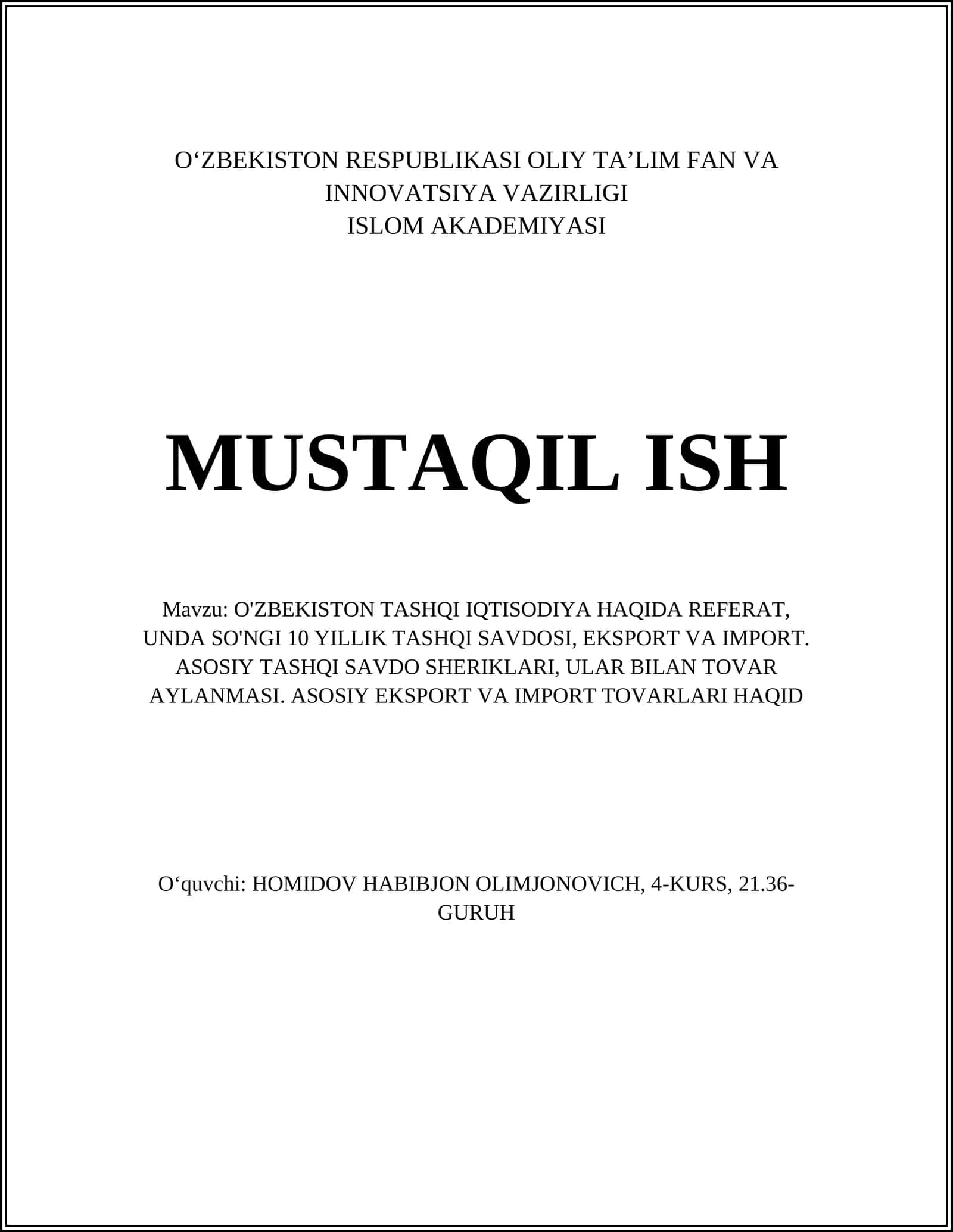 O'ZBEKISTON TASHQI IQTISODIYA HAQIDA REFERAT 1